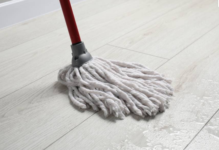 A white mop head close up.the photo is used to illustrate the method of dual solution mopping.